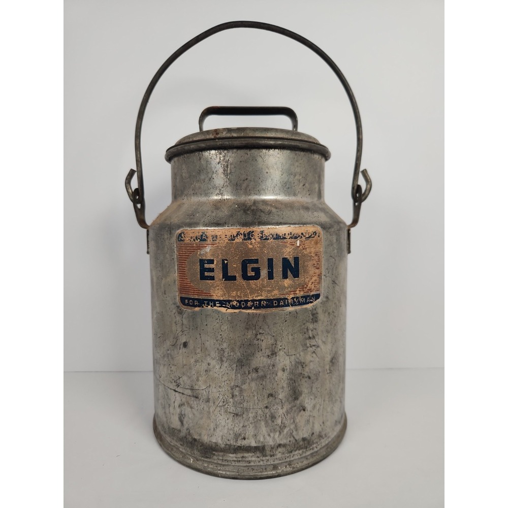Vintage Elgin Galvanized Metal Milk Can 4 Qt Farm Dairy Pail Paper Label Lid